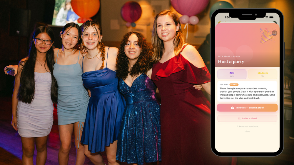 Vivaly founder Ruth Geller with friends, beside the Vivaly app's 'Host a party' experience screen