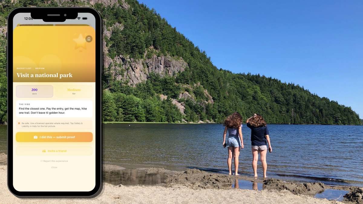 Two teens wading at the edge of a lake, beside the Vivaly app's 'Visit a national park' experience screen