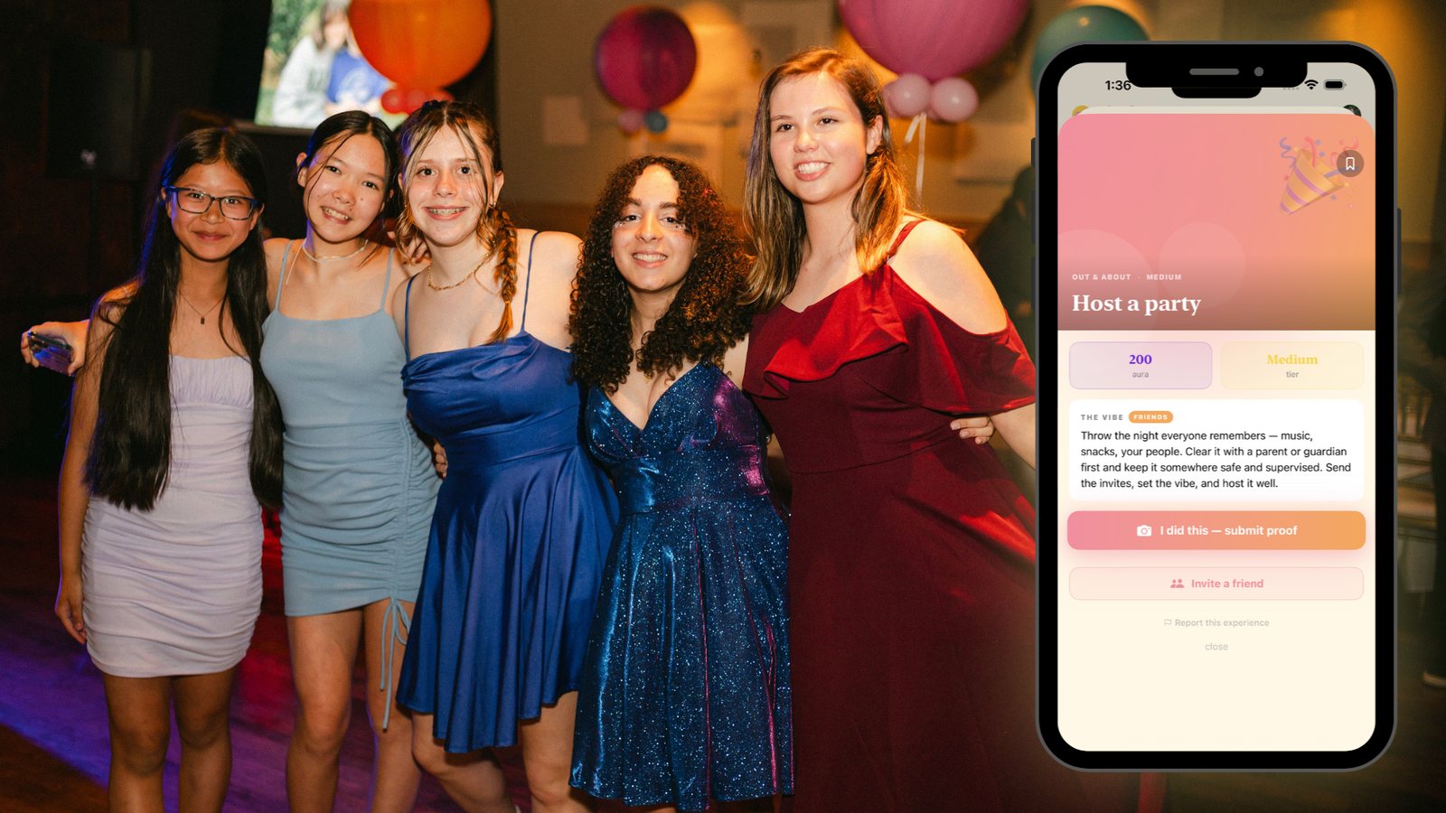 Ruth Geller and friends dressed up for a party, beside Vivaly's 'Host a party' experience on an iPhone